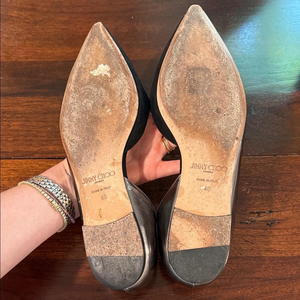 Jimmy Choo Black Suede and Silver Leather Pointed Toe Flats - Picture 3 of 5